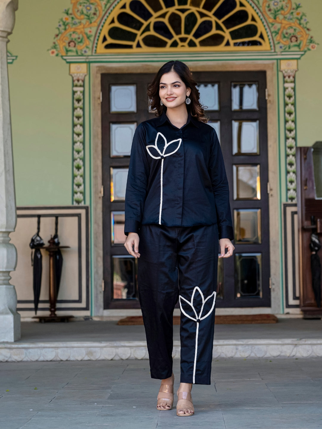 Black Italian Cotton Co-ord Set With Lace detailing